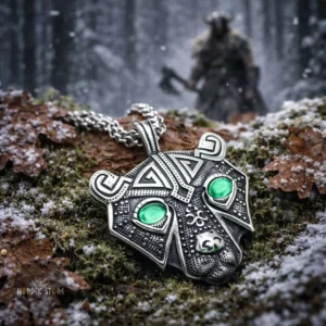 collier viking ours d'Odin argent et pierres vertes, cadeau