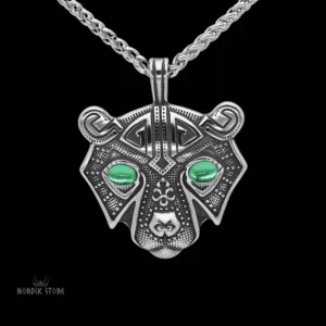 collier viking ours d'Odin argent et pierres vertes, cadeau homme