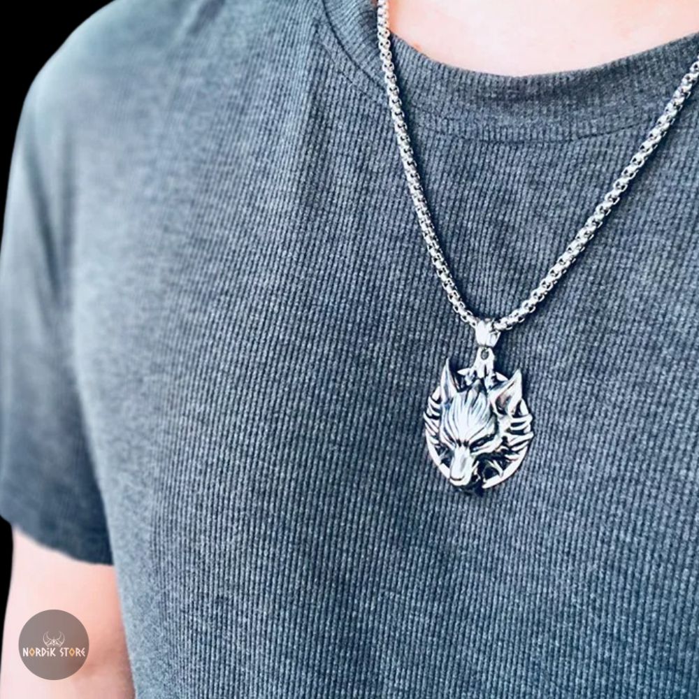collier viking tête de loup Fenrir en acier, cadeau homme et ados