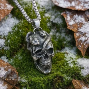 pendentif viking crâne et serpent acier, cadeau
