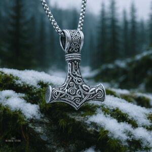 pendentif viking marteau Mjöllnir en acier argent, cadeau homme