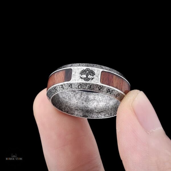 anneau viking le bois d'Yggdrasil en acier argent et bois, cadeau homme et femme
