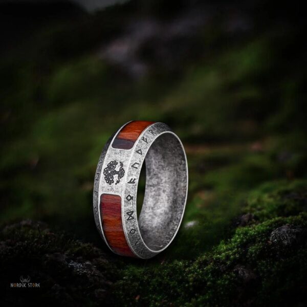 anneau viking le bois d'Yggdrasil en acier et bois koa, cadeau