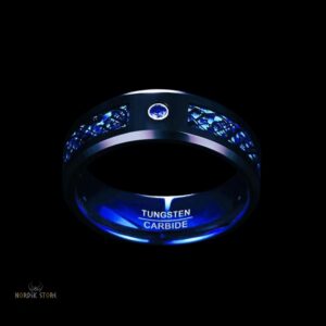Anneau viking du céleste Valhalla en tungstène bleue, cadeau Noel