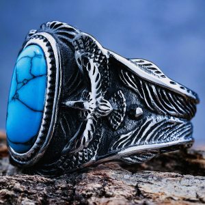 Anneaux vikings nordiques Harald Bluetooth acier pierre gemme bleue turquoise