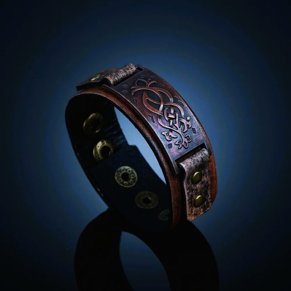 Bracelet du guerrier viking en cuir marron et acier cuivre