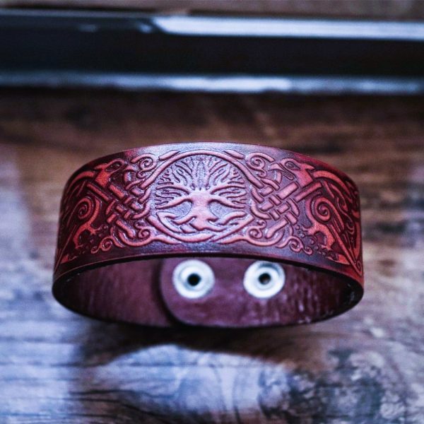 Bracelet viking écorce Yggdrasil en cuir marron