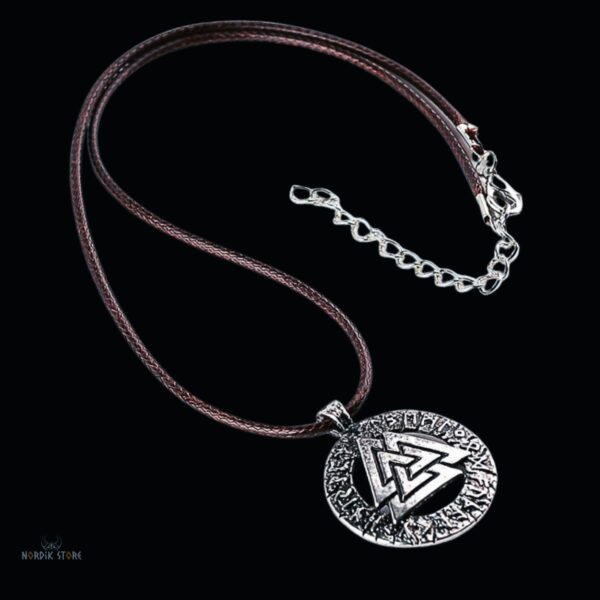 Amulette viking le cercle Valknut en acier et cuir , cadeau