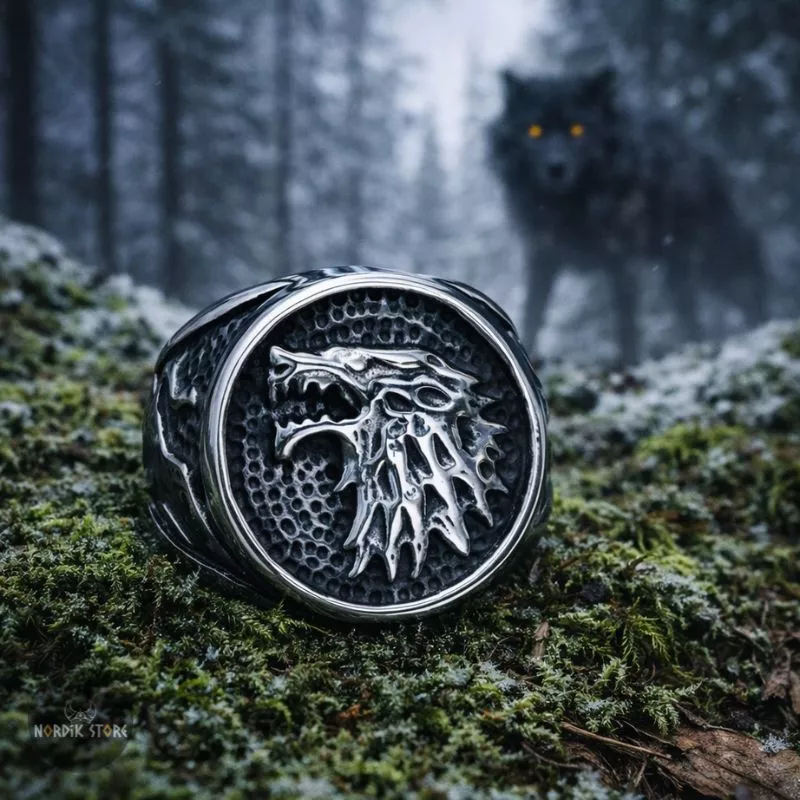 Chevalière bague viking loup Fenrir en acier, cadeau homme