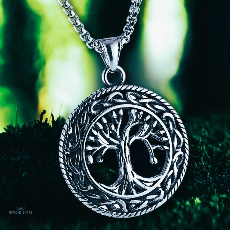 Collier viking arbre de vie le frêne Yggdrasil en acier argent, cadeau