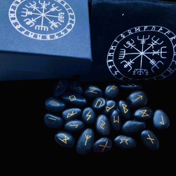 Ensemble de runes nordiques pierres noires vikings, sac et boîte cadeau personnalisé pour homme et femme