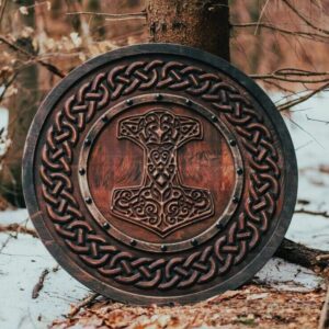Bouclier viking marteau de Thor en bois et cuir fait main, cadeau arme de décoration maison