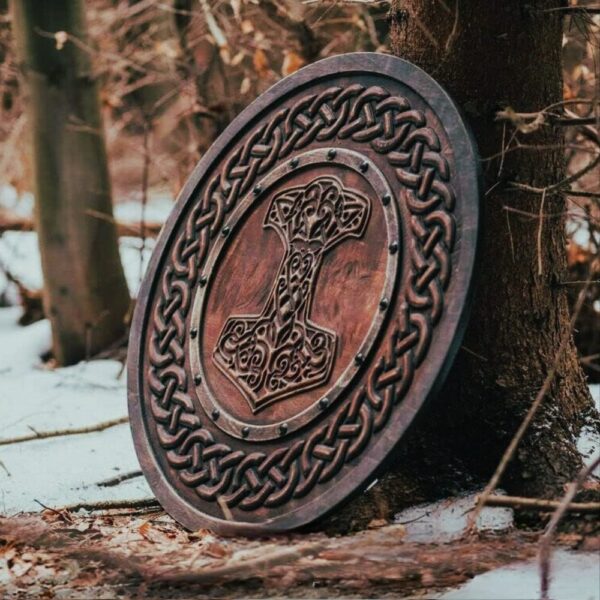 Bouclier viking marteau de Thor en bois et cuir fait main, cadeau arme de décoration maison fêtes