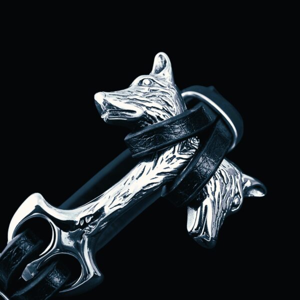 Bracelet viking les compagnons d'Odin, les loups Freki et Geri, en cuir et acier