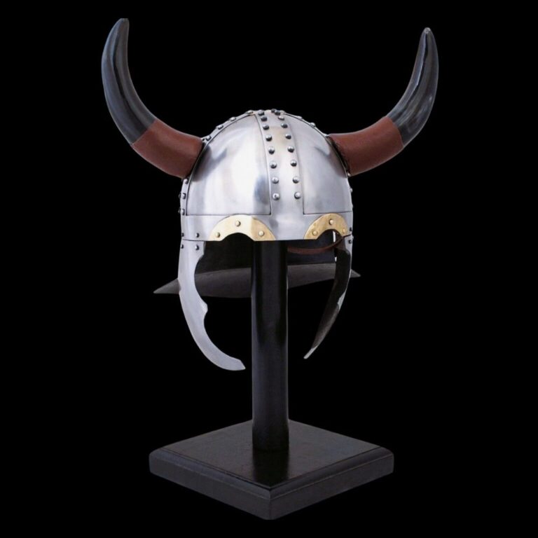 Casque viking cornes en acier et cuir, cadeau arme décoration