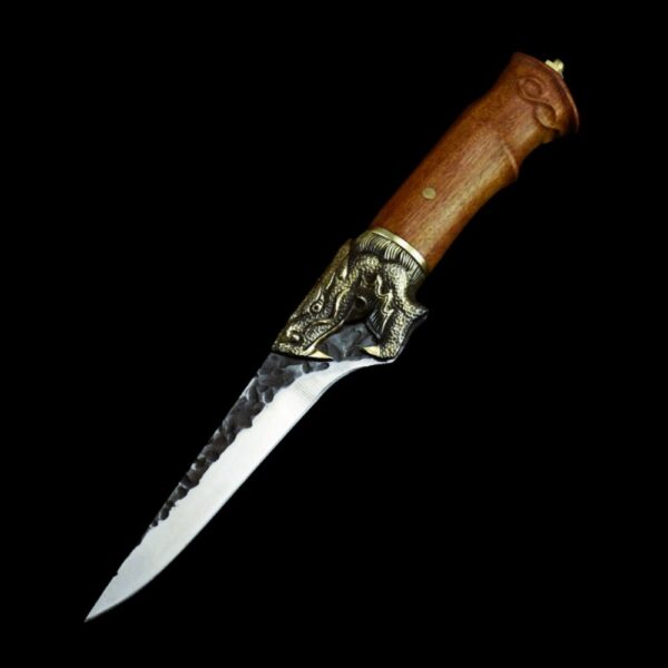 Couteau viking Jormungand forgé en acier inoxydable avec fourreau de cuir, manche en bois rose, cadeau cuisine homme femme fêtes