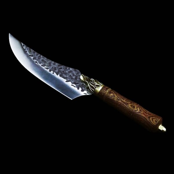 Couteau viking loup Fenrir en acier carbone avec pommeau bois rose, cadeau cuisine fêtes et anniversaire