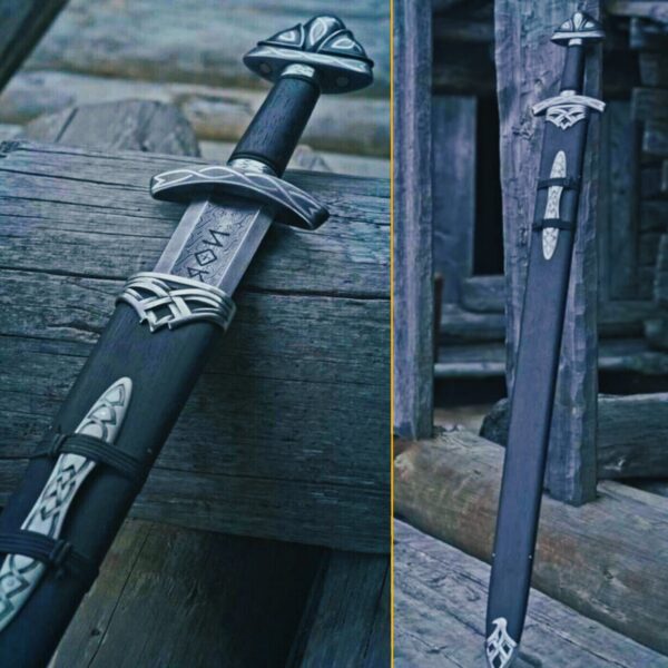 Épée viking des Hommes du Nord forgé en acier avec pommeau et fourreau en bois, cadeau homme