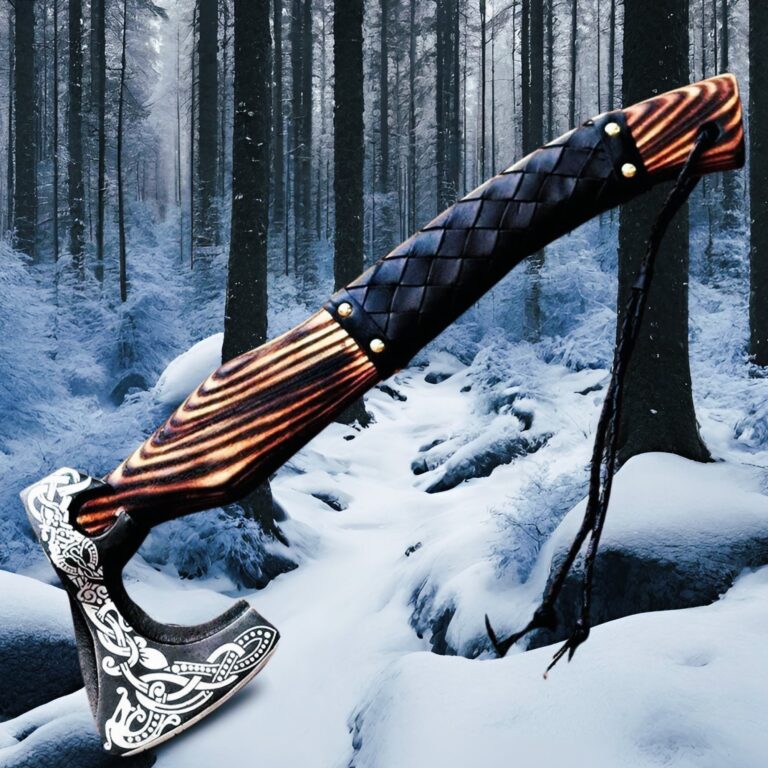 Hache viking la puissance du serpent Jormungand en acier forgé main et en bois de frêne