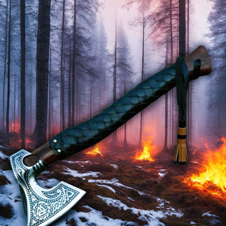 Hache viking Valknut en acier carbone et en bois de frêne
