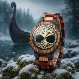 montre viking arbre de vie yggdrasil en bois, cadeau