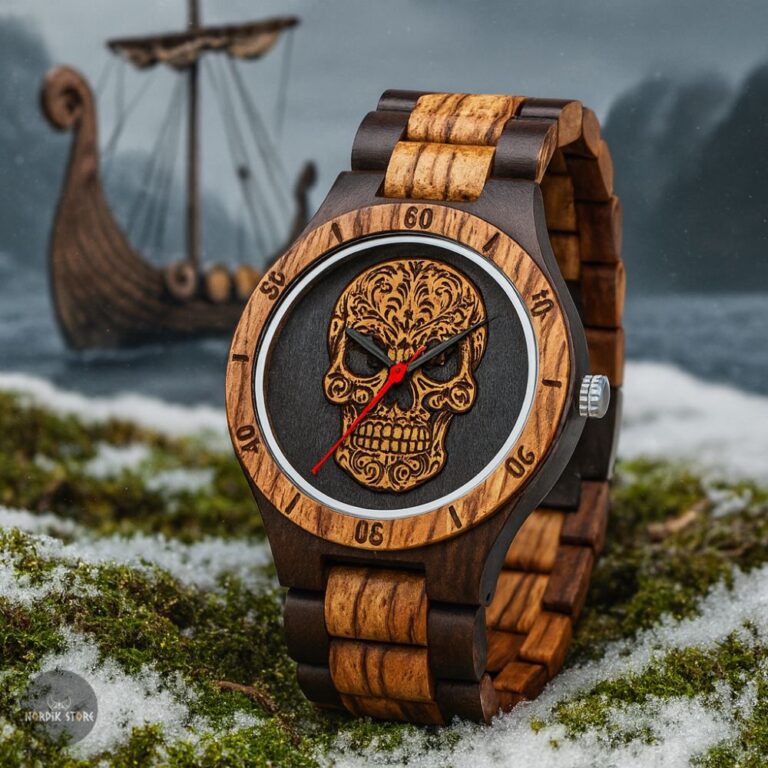Montre viking tête de mort acieret bois, cadeau homme