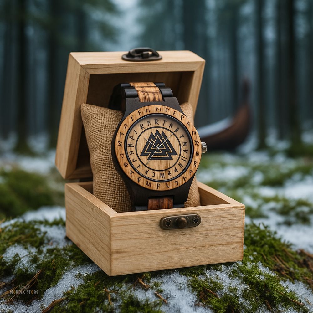 montre viking valknut en acier et bois, cadeau avec coffret