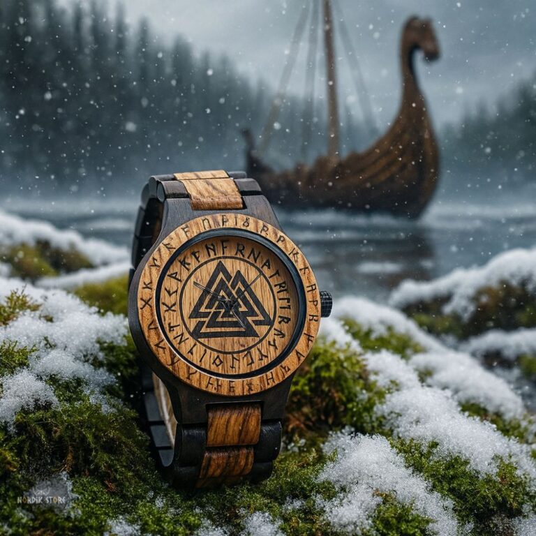 montre viking valknut en acier et bois, cadeau homme