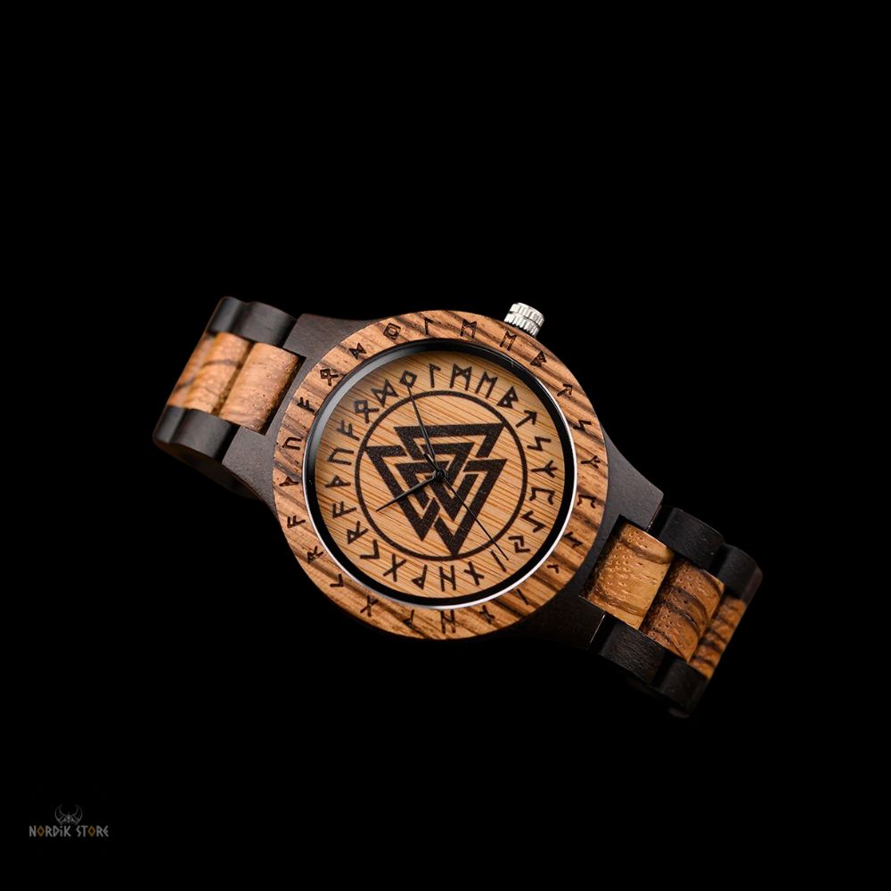 montre viking valknut en acier et bois marron, cadeau homme et ados