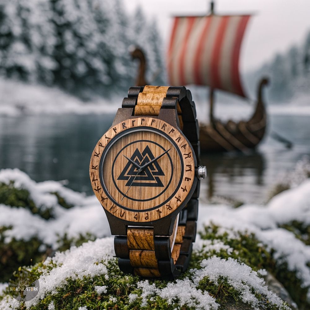 montre viking valknut en acier et bois, cadeau