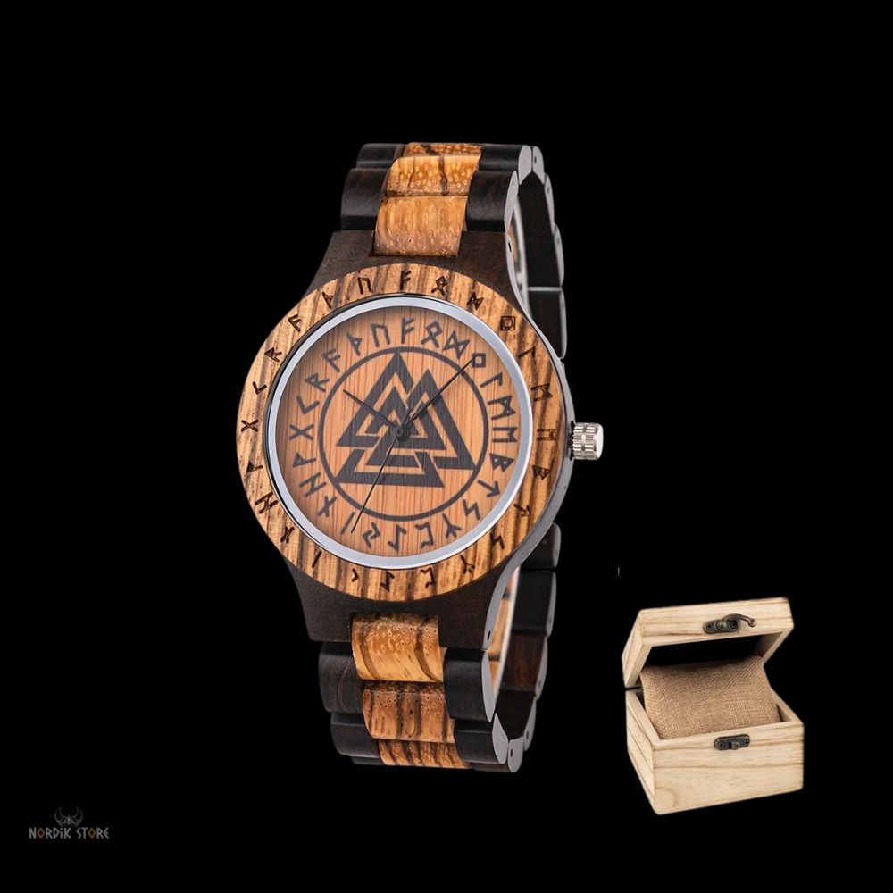 montre viking valknut en acier et bois marron, cadeau avec coffret