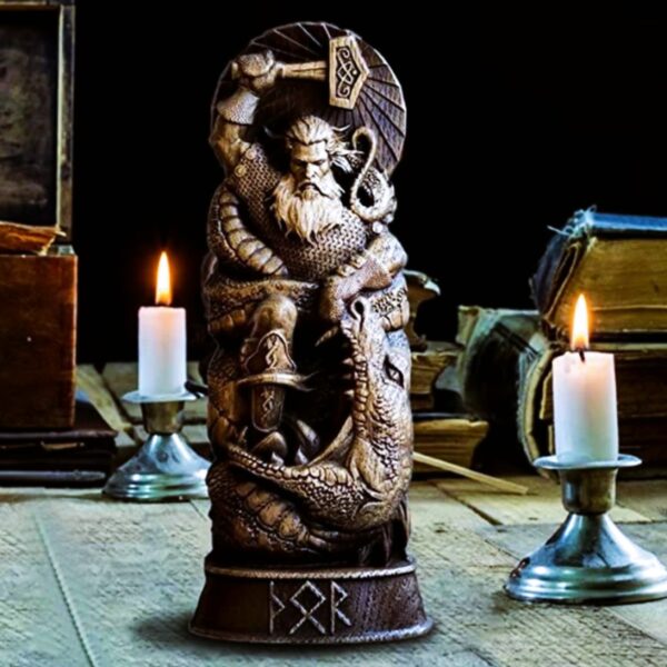 Statue viking du dieu Thor avec son marteau Mjolnir, cadeau nordique décoration pour homme