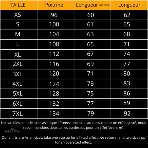 Tableau de taille de veste viking