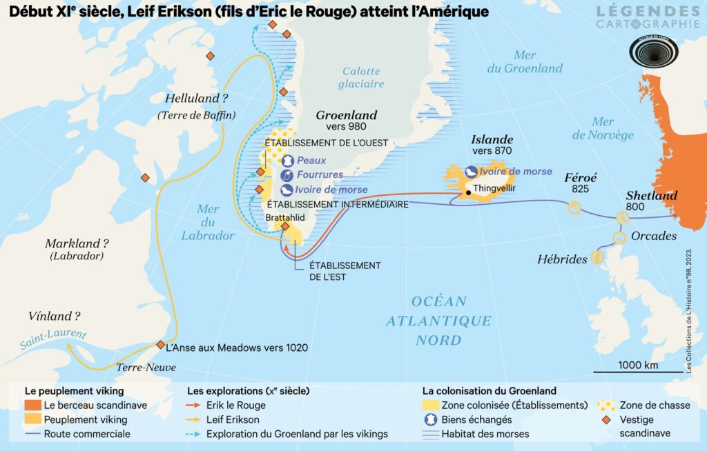 Carte de voyage de Leif Erickson et sa découverte du vinland et de l'Amérique 