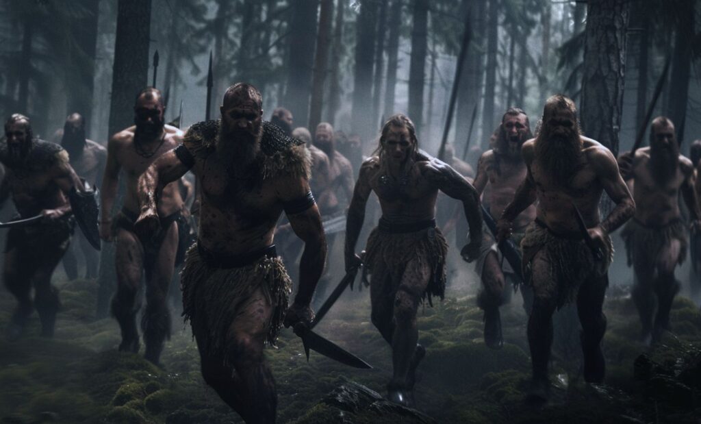 Les berserkers vikings nus en transe au combat