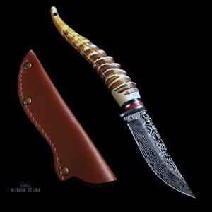 Couteau viking de Sigrid avec manche incurvé en acier inoxydable de Damas avec fourreau en cuir, cadeau de cuisine pour femme ou homme