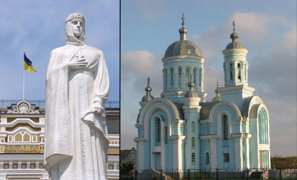 Statue et église orthodoxe de la sainte Olga de Kiev