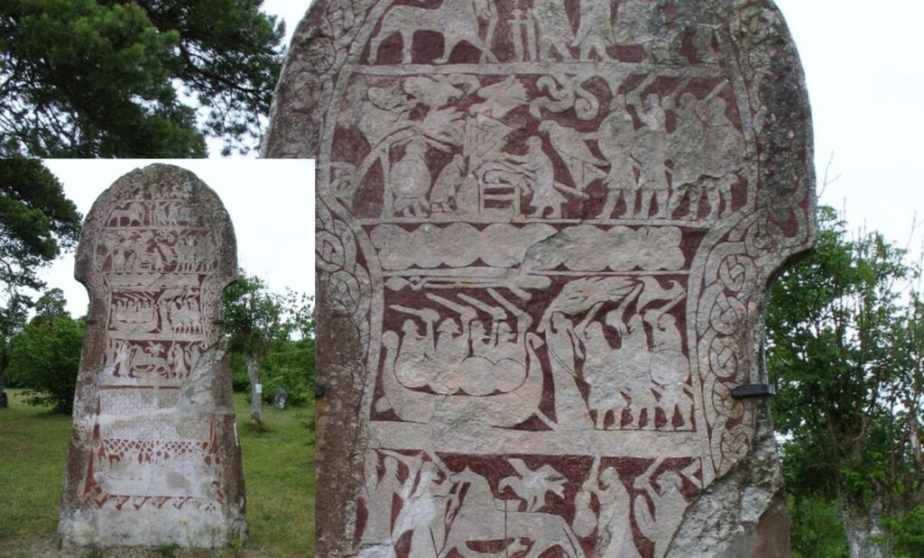 La scène du châtiment de l'aigle de sang sur la pierre Stora Hammars sur l'île Gotland en Suède