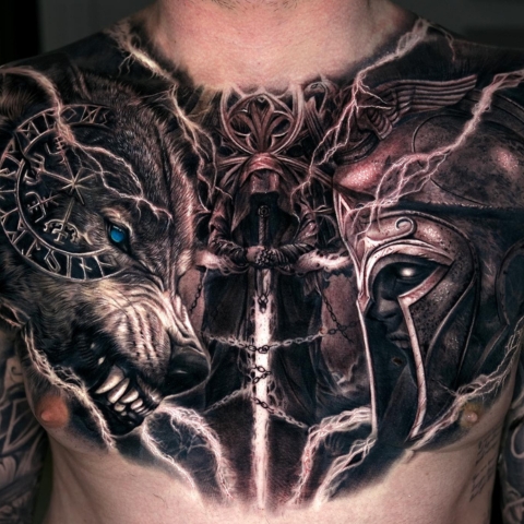 Tatouage viking homme torse Fenrir vs guerrier