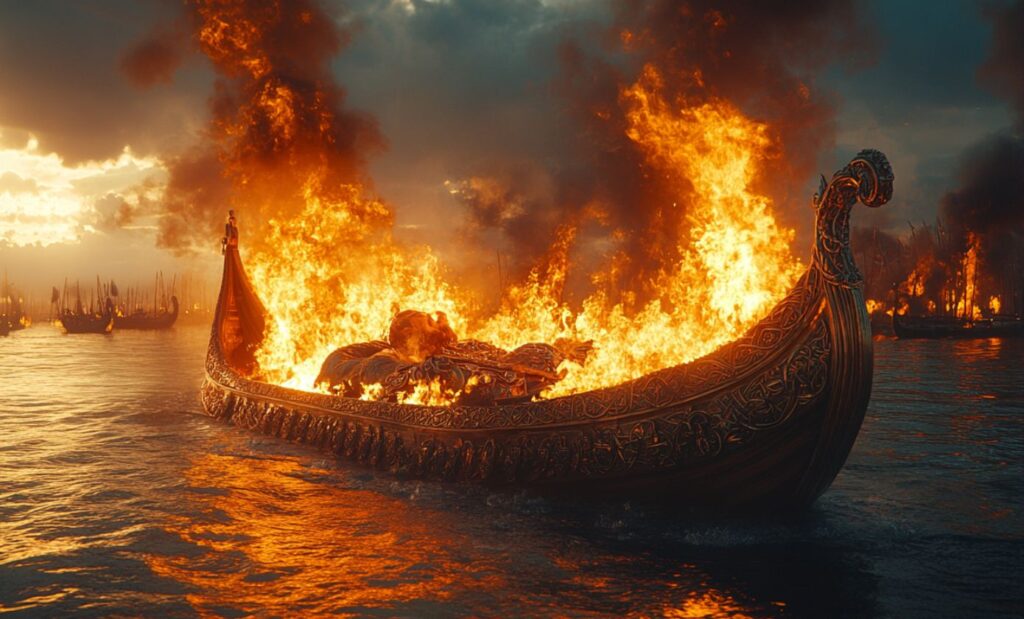 Inhumation et crémation d'un chef viking sur un drakkar en mer
