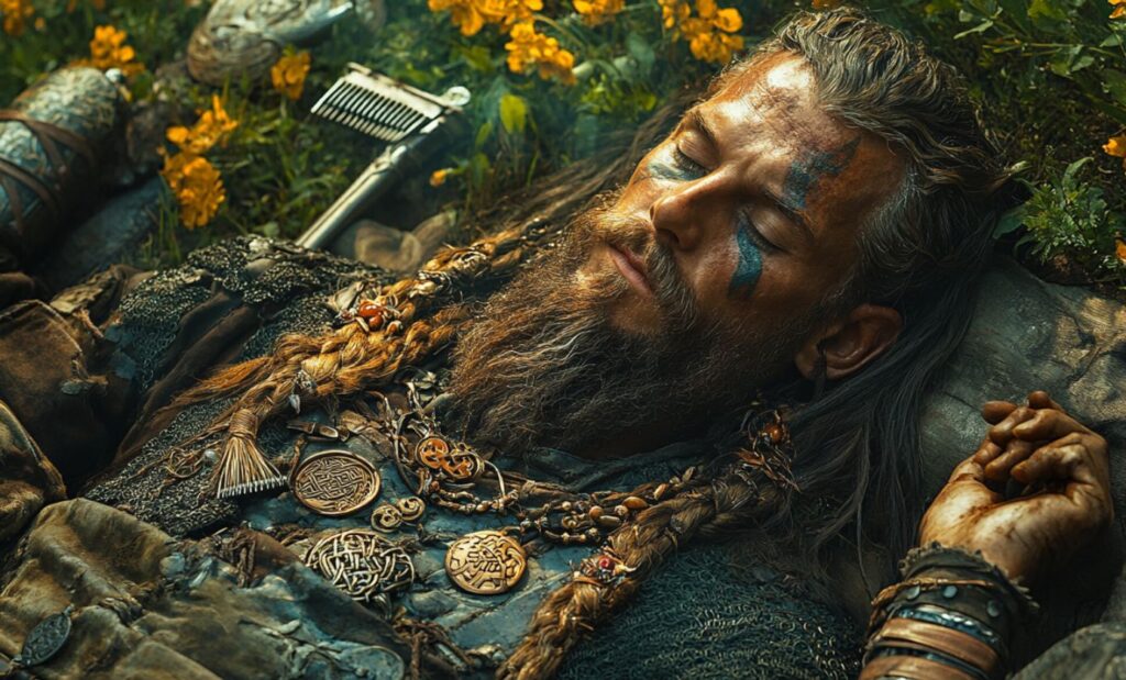 Rituel funéraire d'un guerrier viking avec bijoux et objets personnels