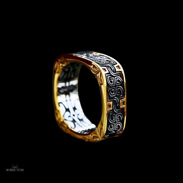 bague viking "Forge des Rois"en acier argent et or, cadeau homme