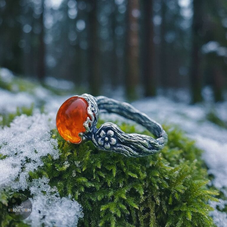 bague Viking Magie des Volväs en zinc et ambre, cadeau