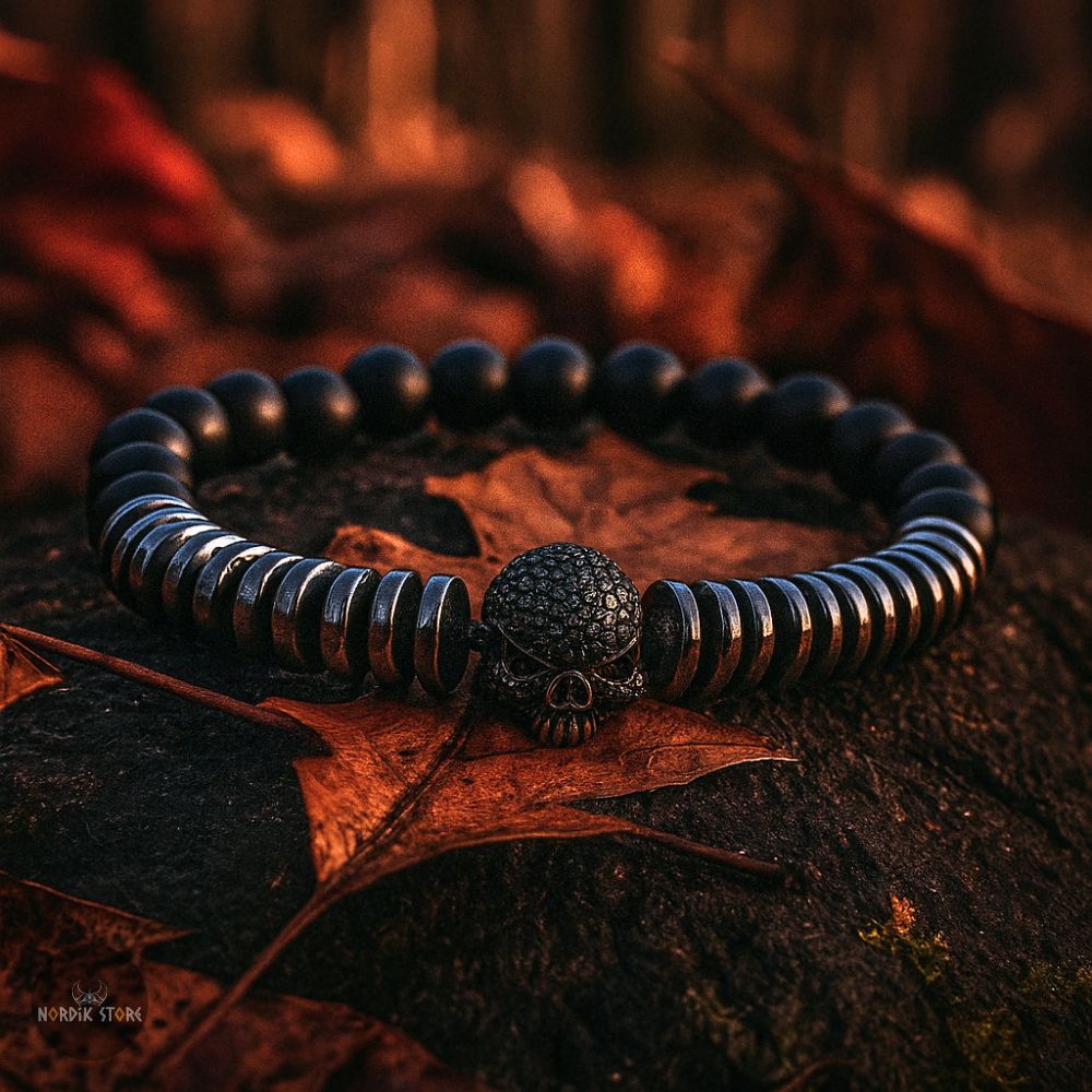 Bracelet Viking de Hel Crâne Noir en zircon et acier, cadeau homme