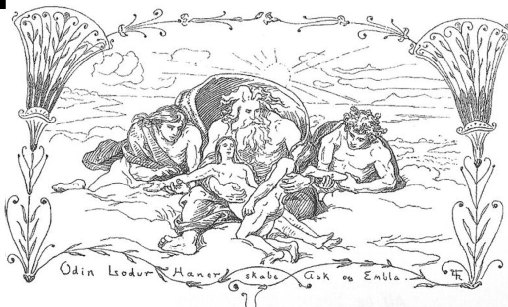 Les dieux Odin, Lodur et Hoenir créant Ask et Embla par Frolich
