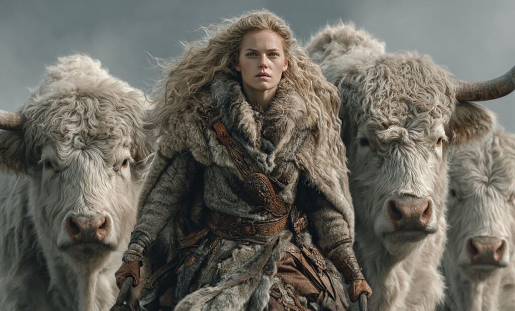 Gefjon la déesse viking agricole avec ses fils transformés en boeufs