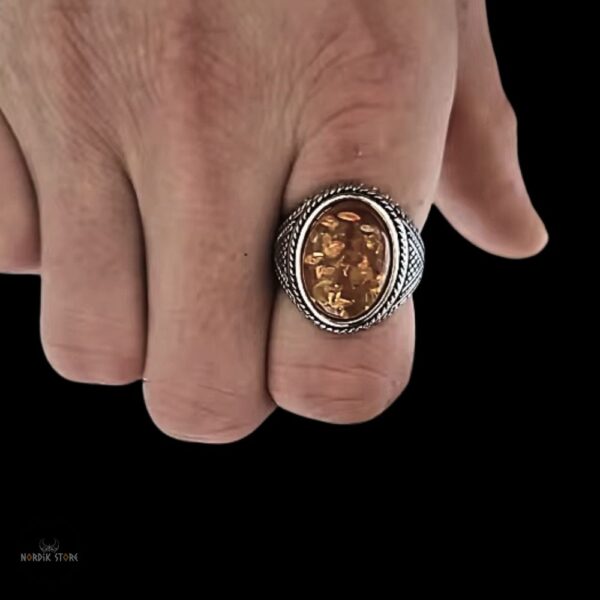Chevalière bague viking “Feu Figé” pierre ambre, cadeau homme et ados
