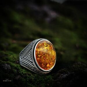 Chevalière viking “Feu Figé” pierre ambre, cadeau homme