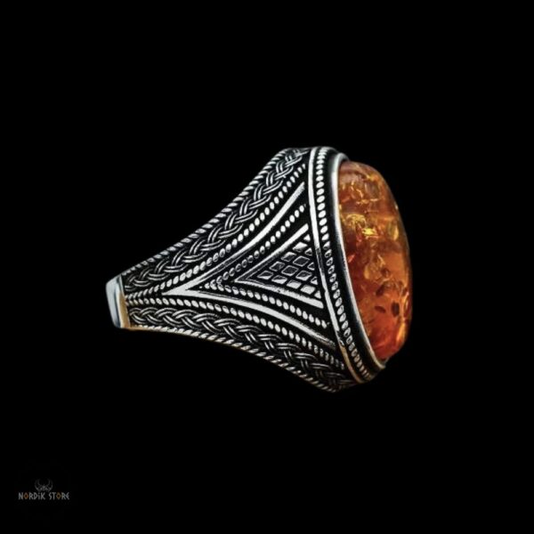Chevalière viking “Feu Figé” pierre ambre, cadeau homme et ados