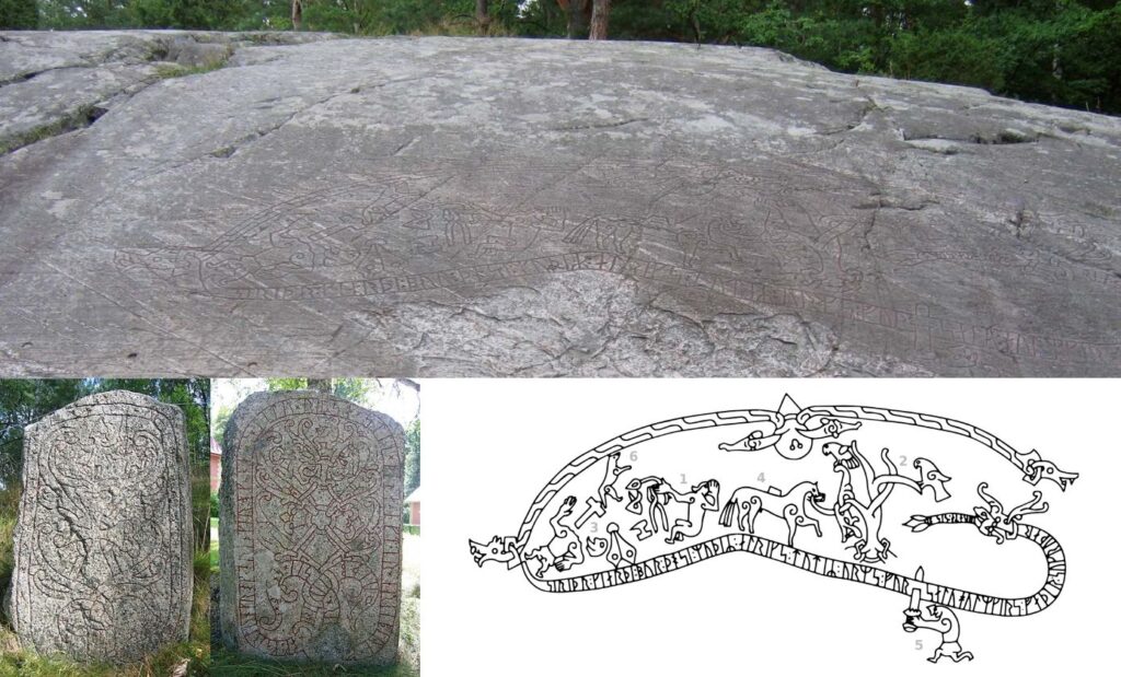 Les pierres de Sigurd avec la gravure runique de Ramsund et le dessin de la gravure de Sö
